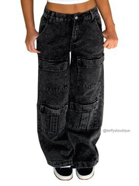 Wide Leg Cargo Jeans Baggy Mid Rise Streetwear Denim Pants